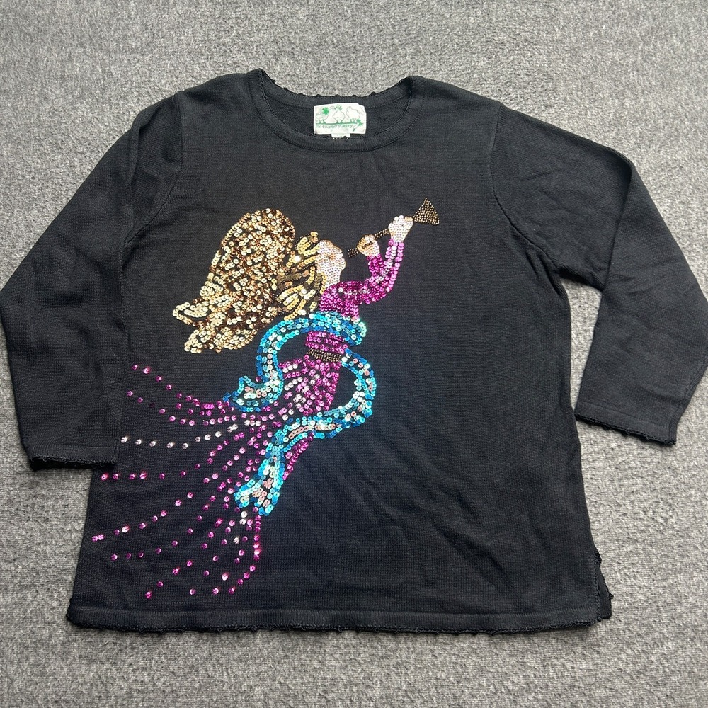 Quaker Factory Christmas Sweater 1X Sequin‎ Angel Black Cotton